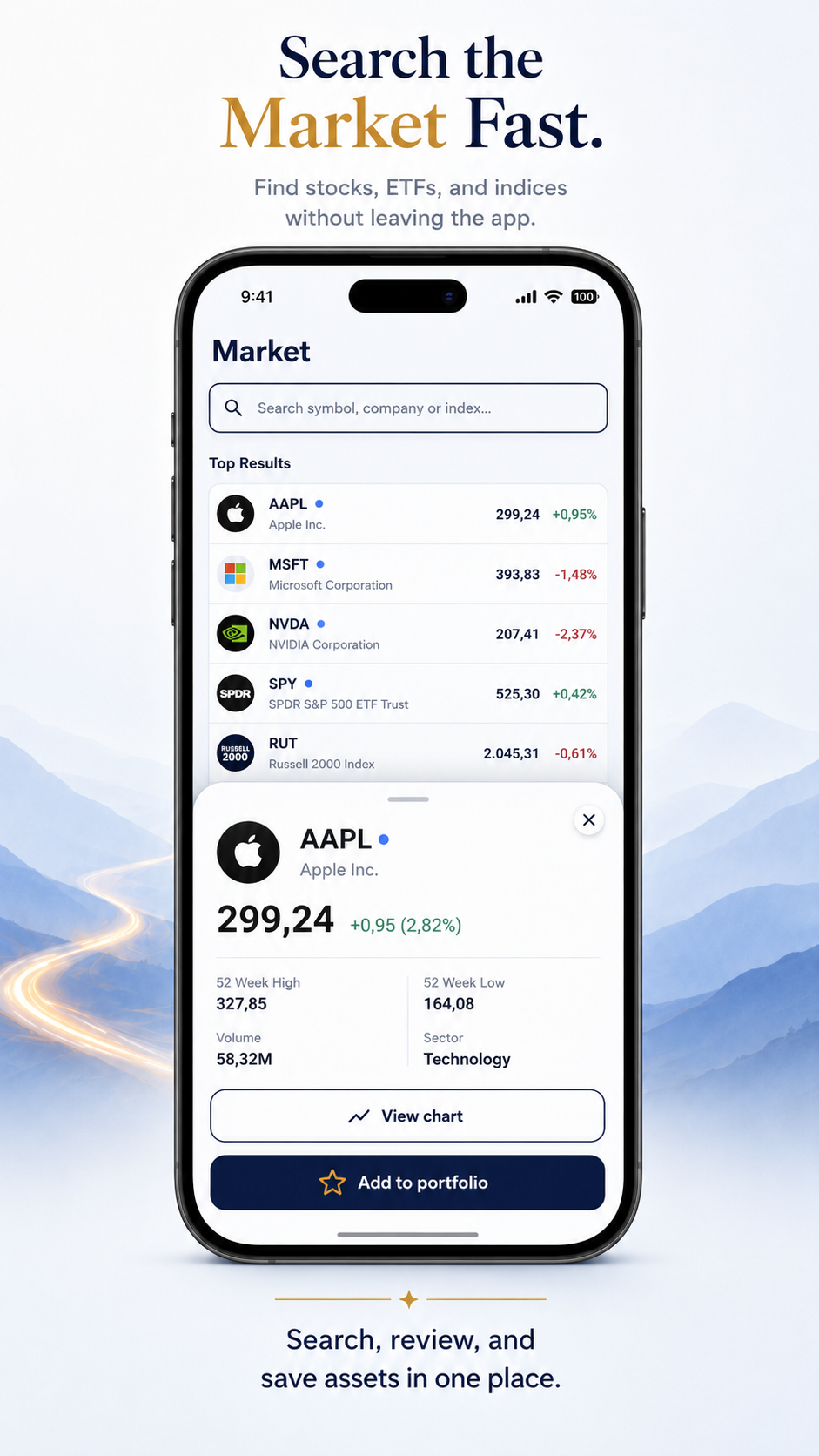 Market search for stocks ETFs and indices